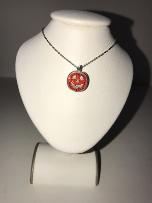 TRICK OR TREAT Fine Silver Plated PUMPKIN Necklace: Pendant+Chain Orange Stones