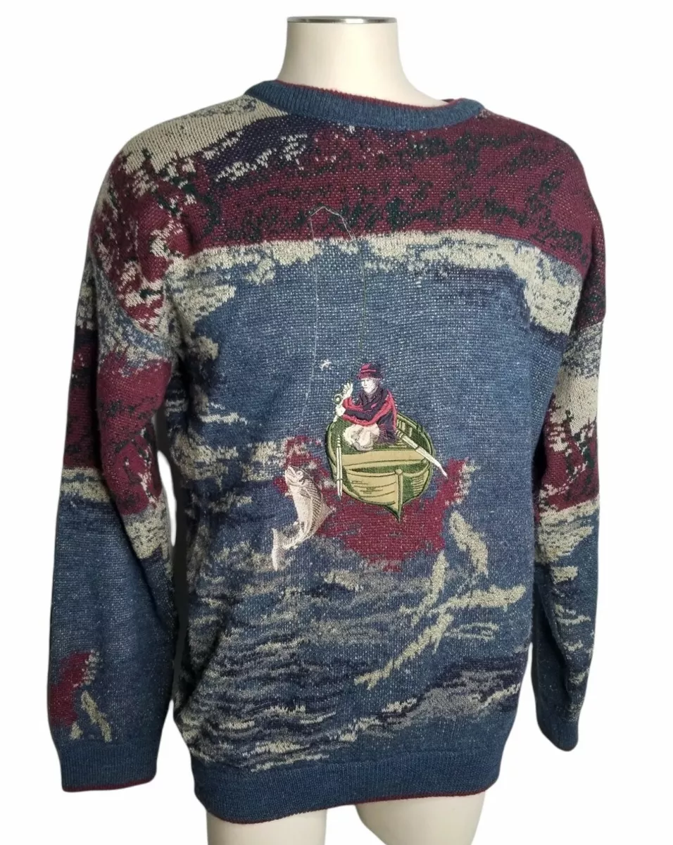 Vintage Mens XL Wool Blend Sweater Embroidered Fisherman Fish Boat