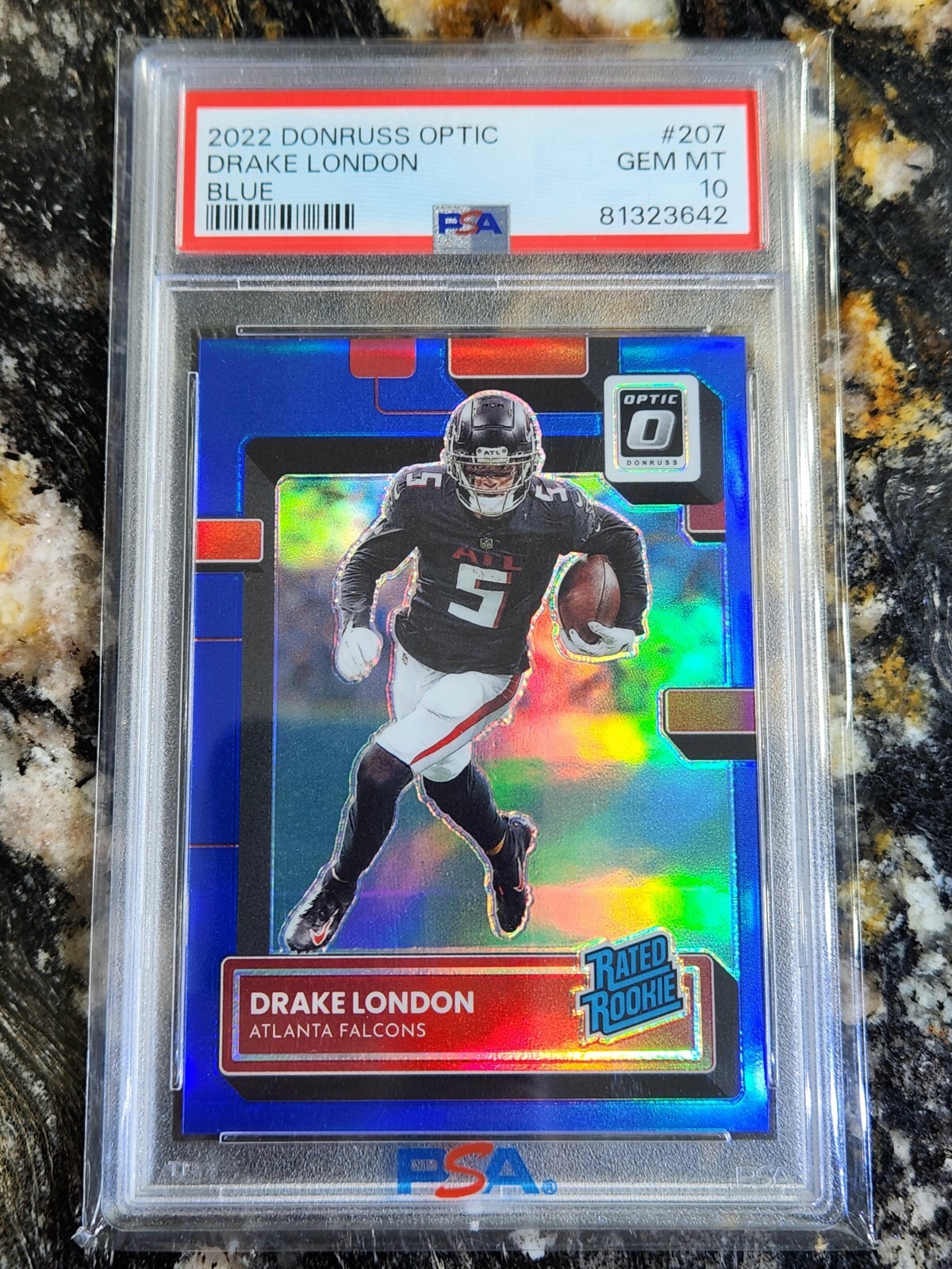 2022 Drake London RC #207 Donruss Optic Blue Prizm Psa 10 Gem Mint #115/179!