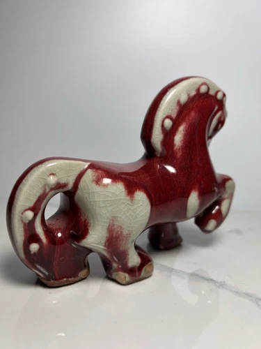 VTG Royal Haeger ??Pottery  Horse Figurine Red Glaze Cream Accents Art Deco