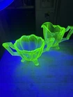 Uranium Glass Depression Era Cream and Sugar Scalloped Edge