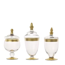 3 pcs Clear Gold Trim Glass Apothecary Jars Containers with Lids Decorations