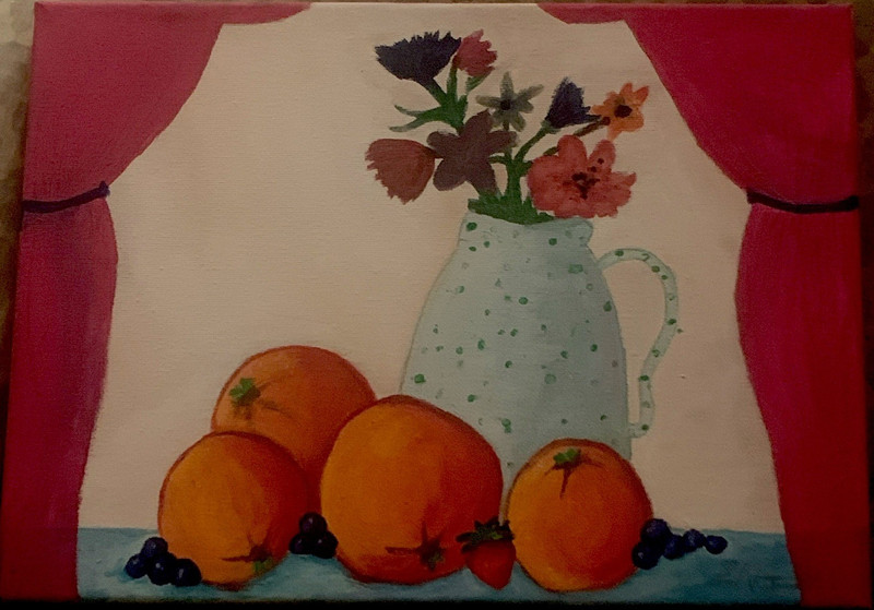 Still Life Painting Fruit & Flowers in Vase, Unframed Single Piece