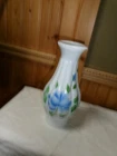 Vintage Lamp Chimney Milk Glass blue  Ribbed Hand Painted shade 9.5 H x 3 in