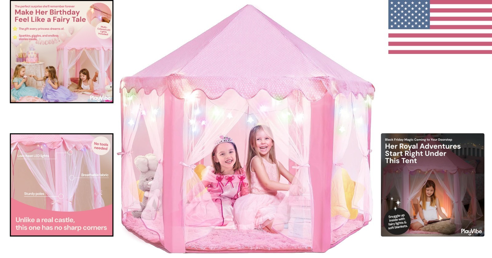Enchanting Princess Tent with Starry LED Lights - 55x53 in Cozy Indoor Playhouse