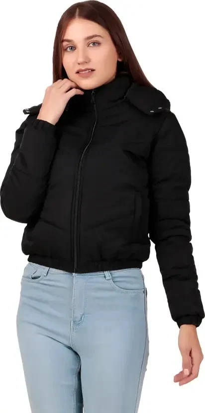 Indian Women Solid Puffer Jacket Winter Wear Warm Hooded Neck with Zipper Jacket - Image 2 of 4