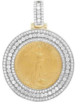 14K Yellow Gold Coin Lady Liberty 1/2 Ounce Real Diamond Pendant 3 1/10 Ct 2.1''