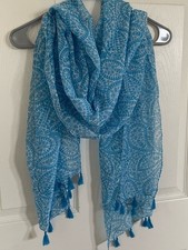 Sheer Blue and White Paisley Print Fashion Scarf with Tassels