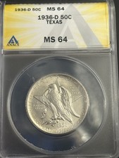 1936-D Texas 50C ANACS MS 64 Silver Commemorative Half Dollar, Beautiful