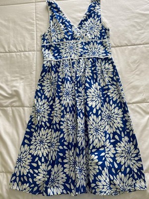 George Blue White Floral Burst V-Neck Sun Dress Fit Flare Midi