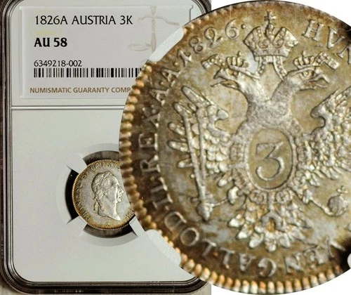 NGC AU-58 AUSTRIA SILVER 3 KREUZER 1826 (POP: 2/5)