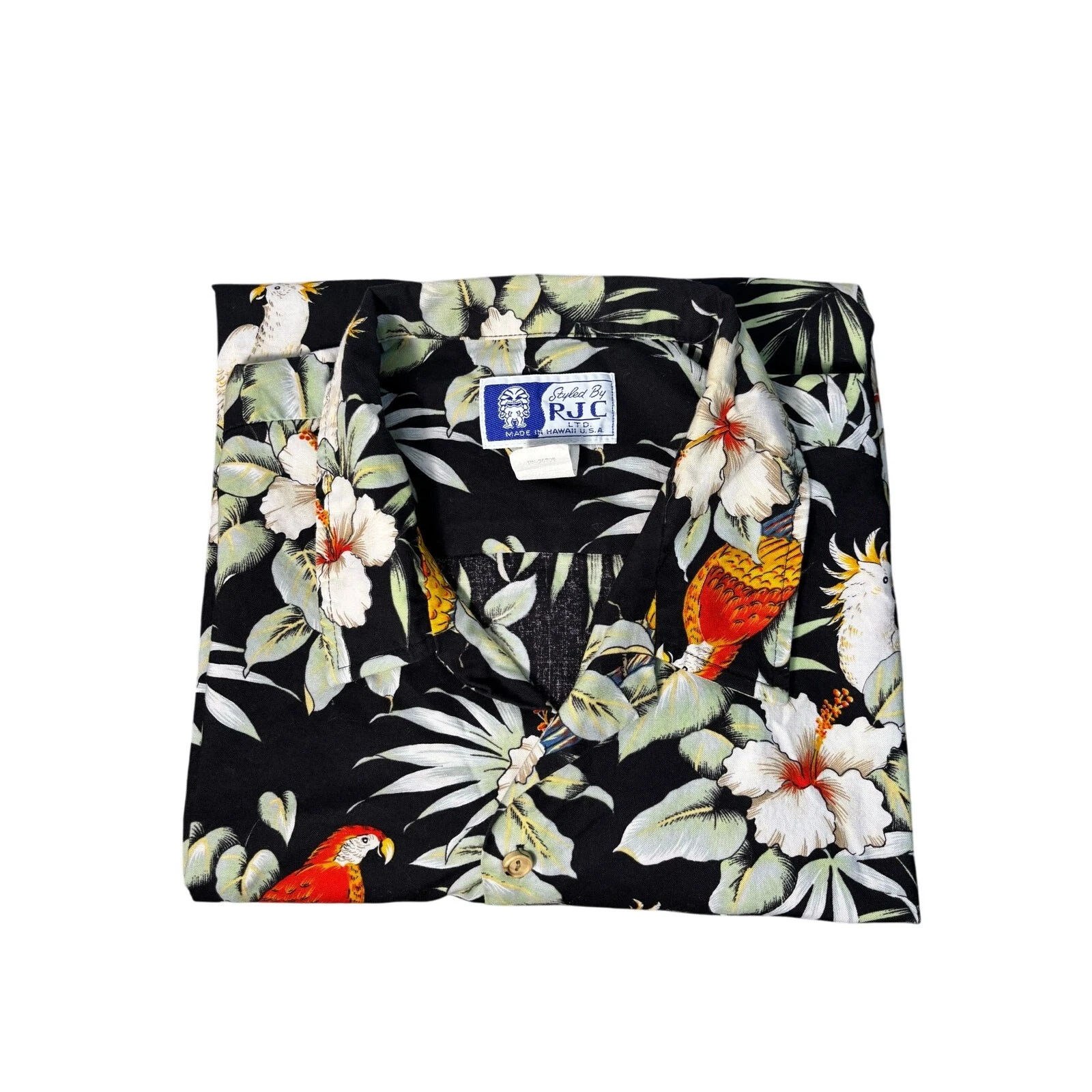 RJC LTD Black Floral Parrot Hawaiian Shirt Cotton Made in Hawaii USA 2XL XXL