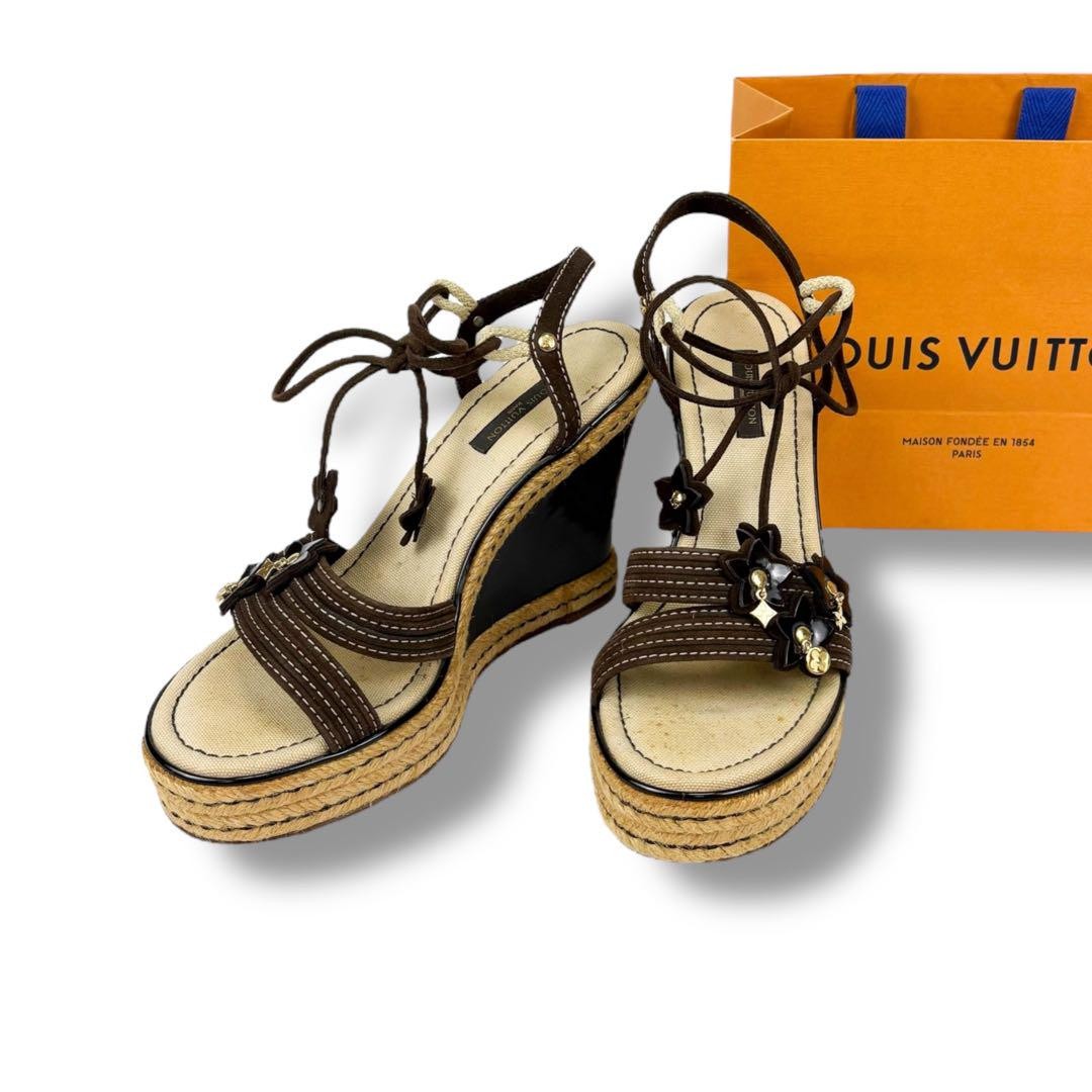Louis Vuitton Wedge Flower Sandals Brown Leather Size 37 US About6 For Women