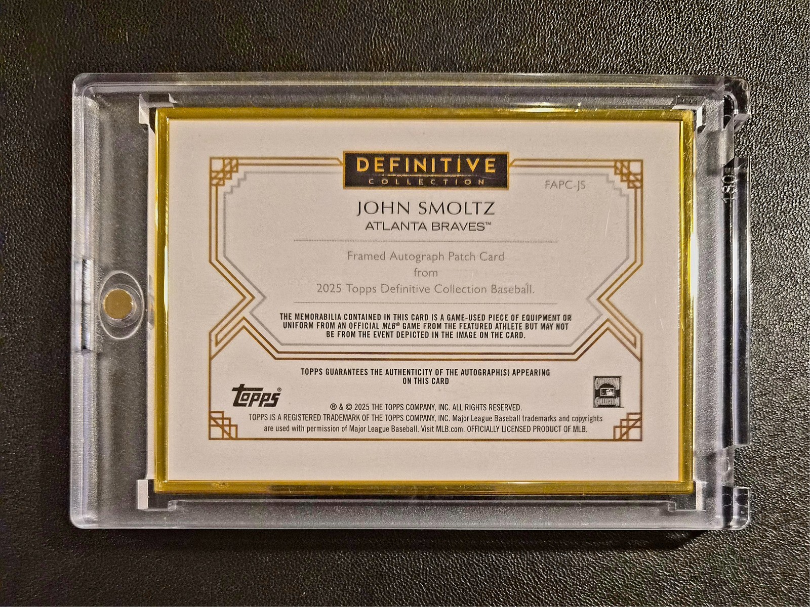 2025 Topps Definitive John Smoltz 🔥 1/1 🔥 Gold AUTO PATCH - Atlanta Braves view 3