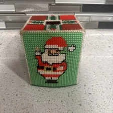 Vintage Needlepoint Santa Tissue Box Cover Christmas Decor Handmade Red & Green