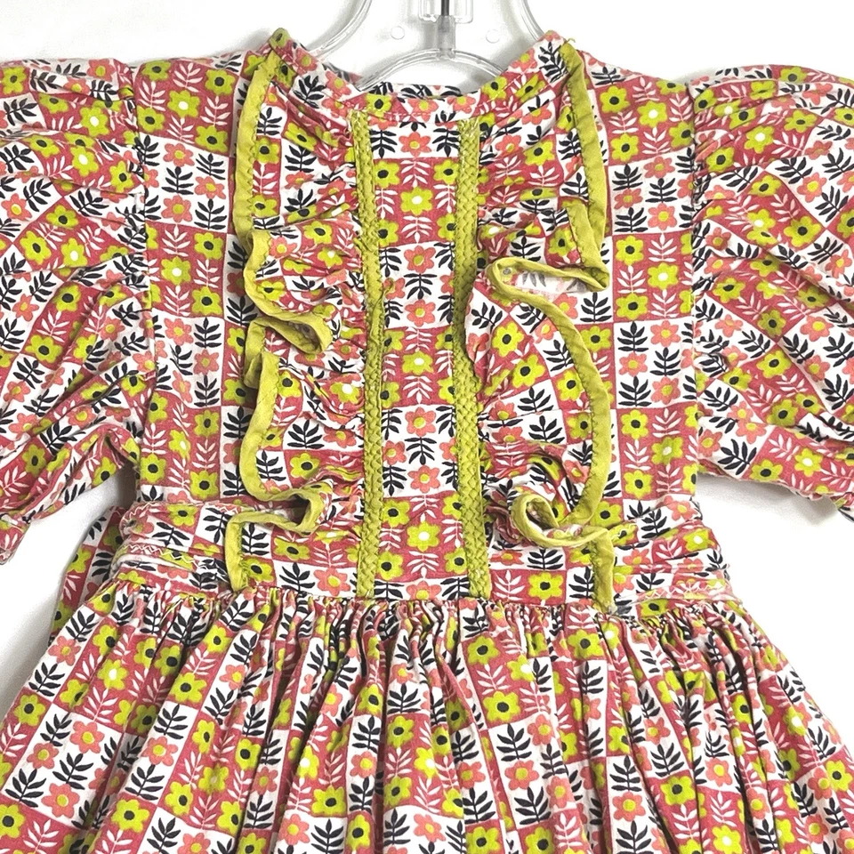 Vestido Hecho a Mano para Niña Talla 2 Verde Coral MCM Volantes Mangas Abullonadas Lazo De Colección Foto 2 de 4