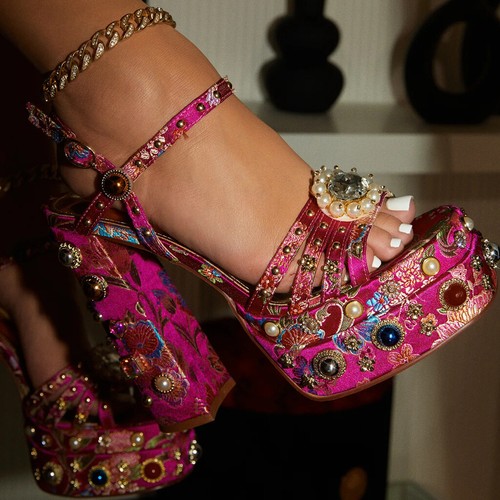 New High Heel Platform Banquet Sandals Women's Satin Pearls Belt Fashion Sandals - Picture 2 of 19
