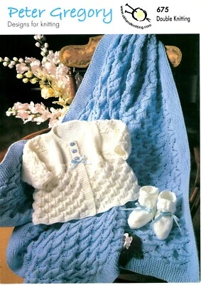 Peter Gregory DK Double Knitting Pattern Baby Coat Shawl Bootees Accessories 675