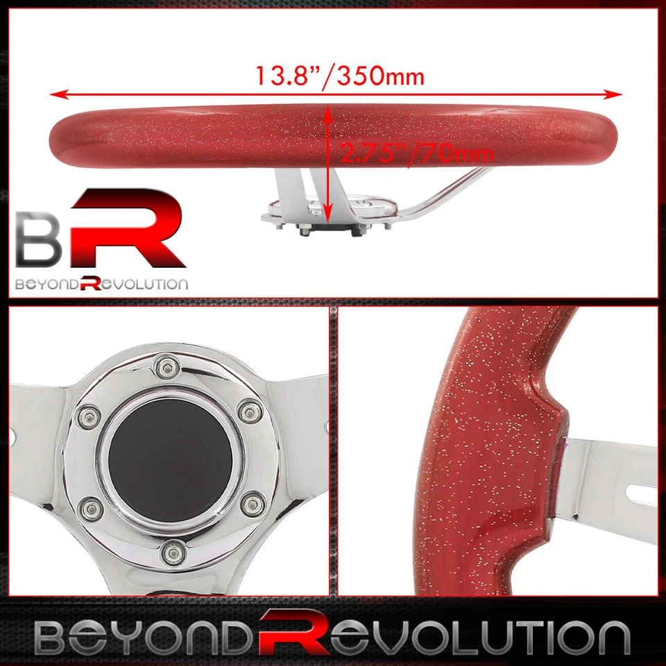 Plato profundo cromado madera roja 350 mm 3 radios volante de acero resistente + botón Foto 2 de 4