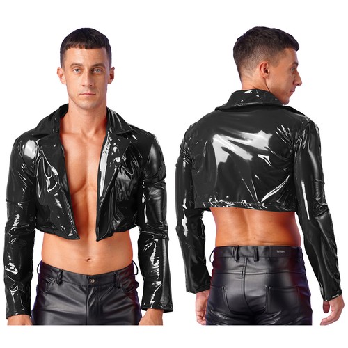 Mens Wet Look Jacket Shiny Metallic Clubwear Motorcycle Style Tank Lapel Coat - Picture 17 of 34