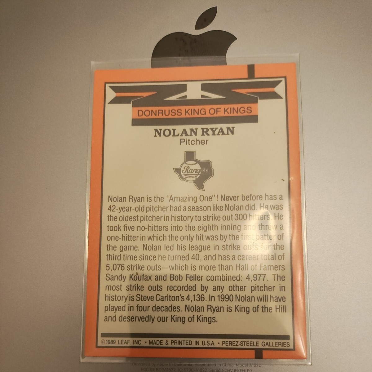 1989/1990 Donruss Nolan Ryan King Of Kings ERROR card No NUMBER On