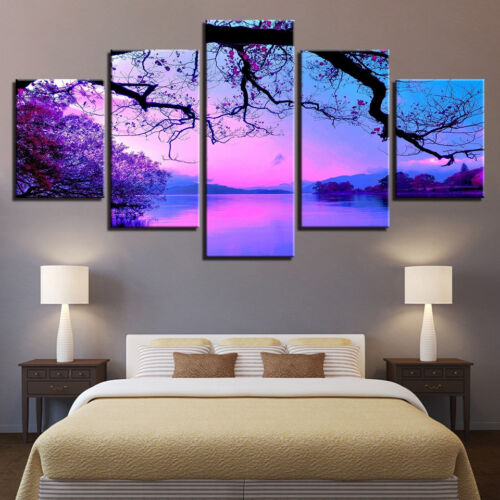 5 pièces impression toile violet coucher de soleil arbre lac art mural - Photo 1/12