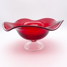Red Hand Blown Art Glass Bowl Dish Compote Clear Pedestal Ruffle Silver Crest