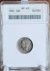 1921 Mercury Silver Dime - Key Date - ANACS  EF40  Old Holder !!