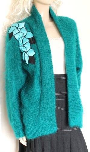 Vtg Handknitted turquoi mohair lined oversized cardigan jacket size M/12–14 80s - Picture 2 of 16