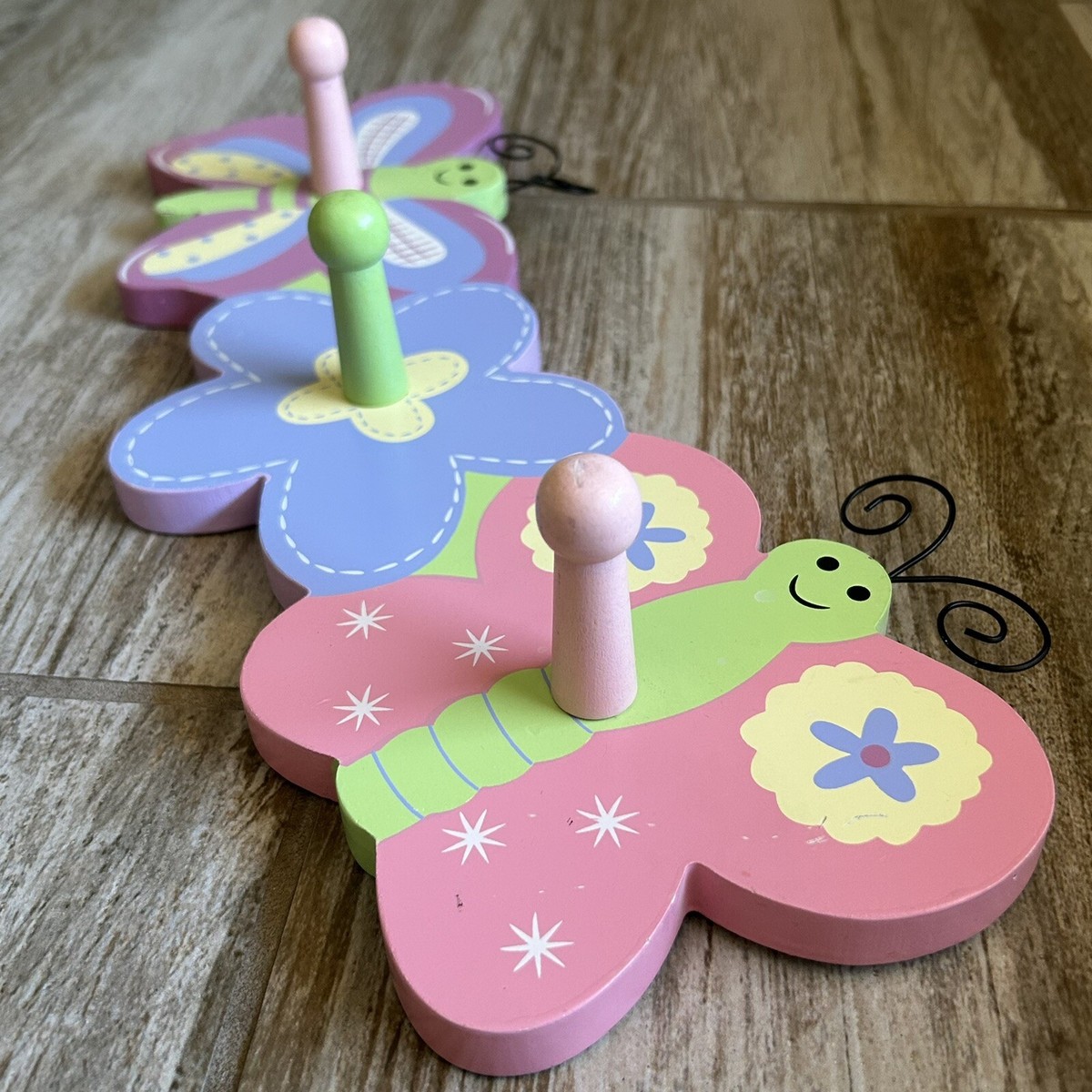 Butterfly Flower Peg Wooden Wall Hooks Girls Room Decor Pink