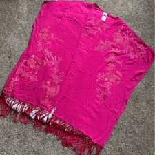Chico s Kimono Cardigan Summer Berry Floral Ariana Embroidered Open Pink Fringe