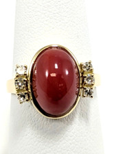 18K Gold Coral & Diamond Ring, Size 6-1/4