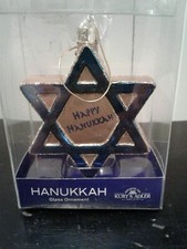 Kurt Adler Hanukkah Chanukah Glass Ornament Jewish Star Of David Blue Gold NIB