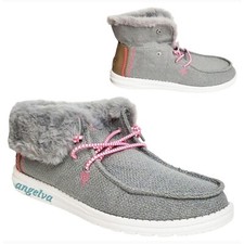Hey Dude Britt youth girls boho fold slip on shoes boots grey pink faux fur