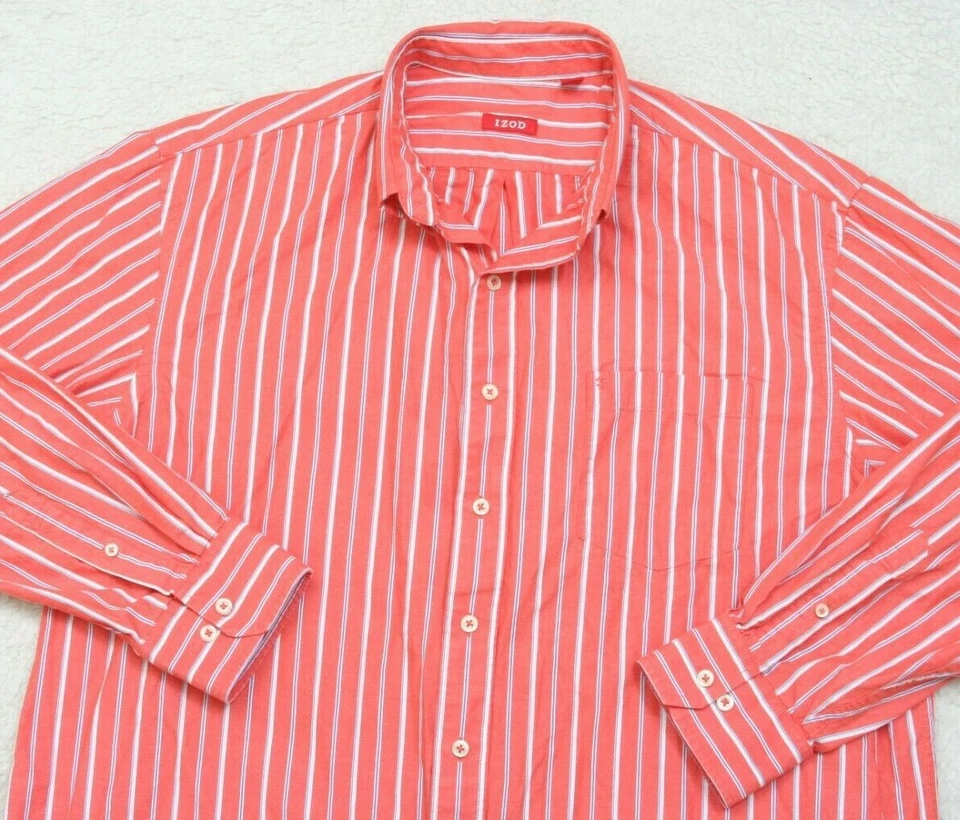 Camisa de Vestir Izod Bolsillo Manga Larga X-Grande XL Naranja Blanco Azul Rayas 1-514 Foto 2 de 4