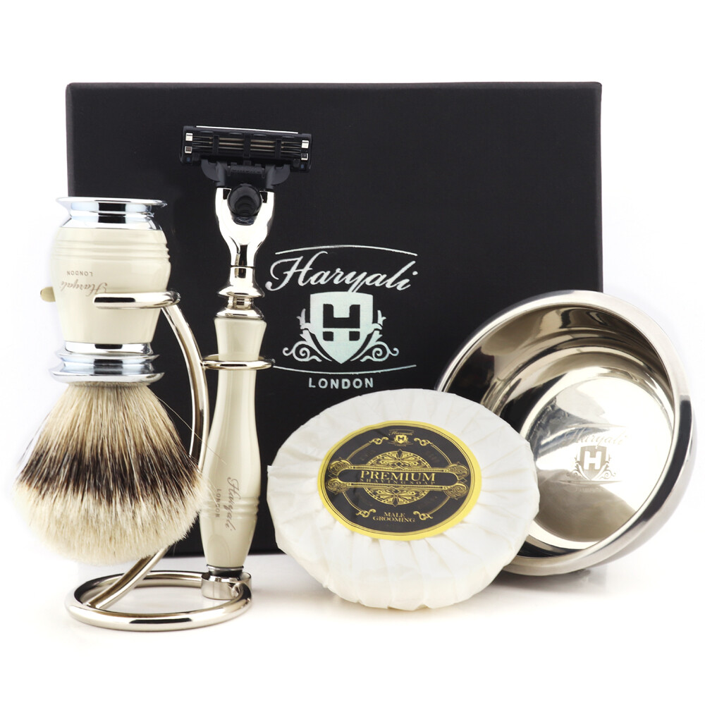 Men Wet Shaving Kit Set with 3 Edge Razor Badger Brush with Stand and Soap bowl