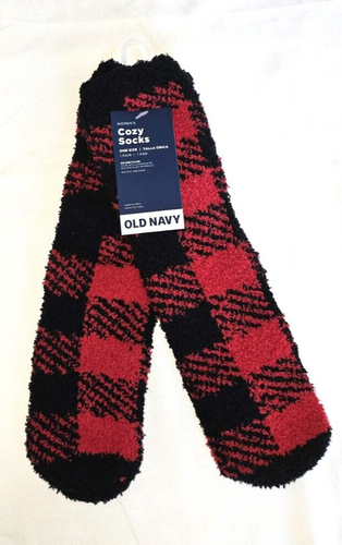 NWT Old Navy Red Black Plaid Buffalo Check Cozy Socks