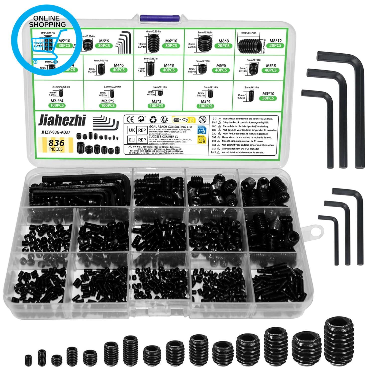 836 Pcs Grub Screw Assortment Set, Hex Socket Head Screws, M2.5, M3, M4, M5, M6,