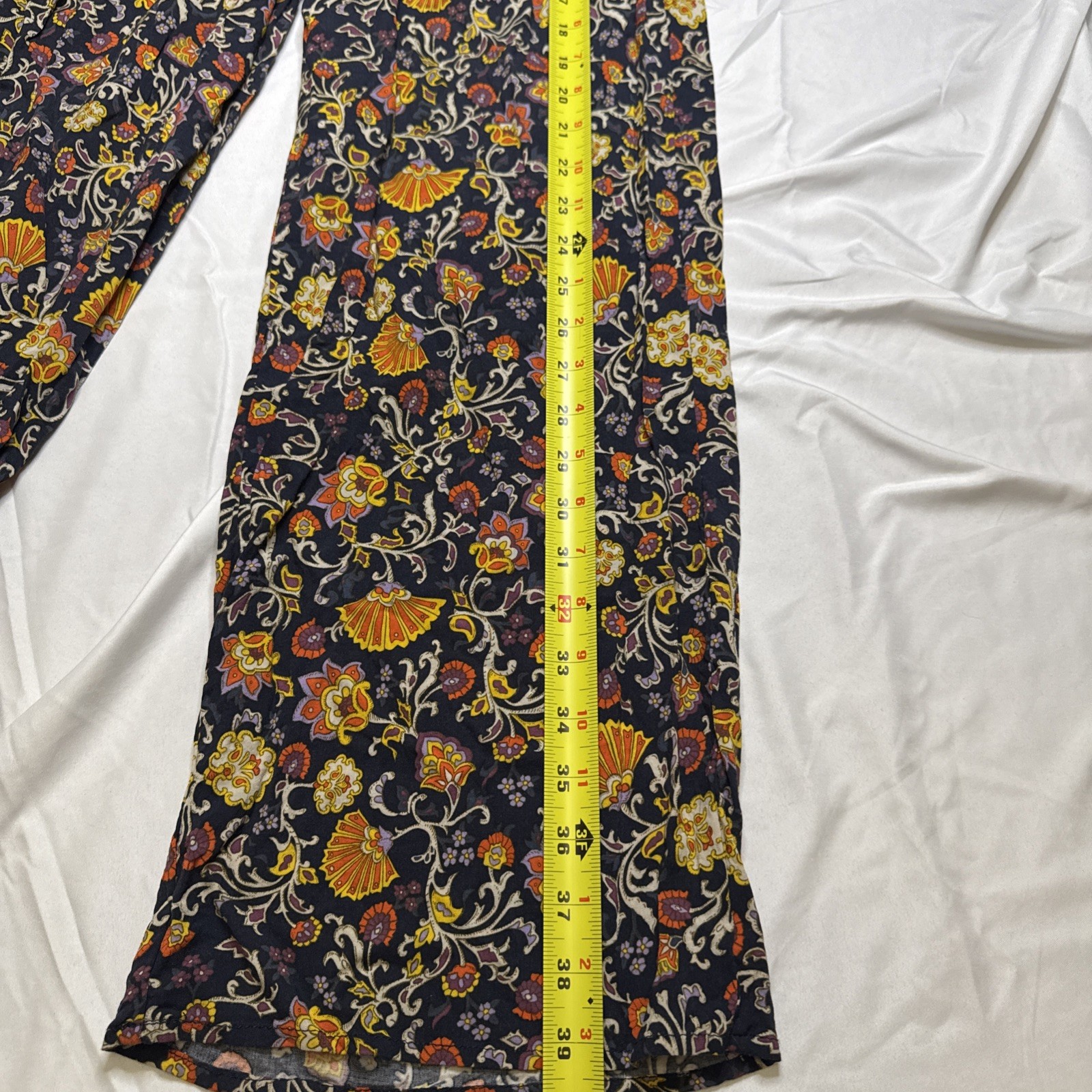 One 5 One Womens Floral Paisley Wide Leg Smocked Tassel Pants Navy Blue Medium image 6