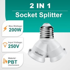 2 in 1 E26 Socket Splitter Adapter, 2 E26 Standard Medium Base Bulbs in 1 Soc...