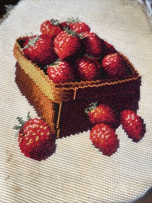 Vintage Needlepoint Of Strawberries In A Basket Oval Shape Needlepoint