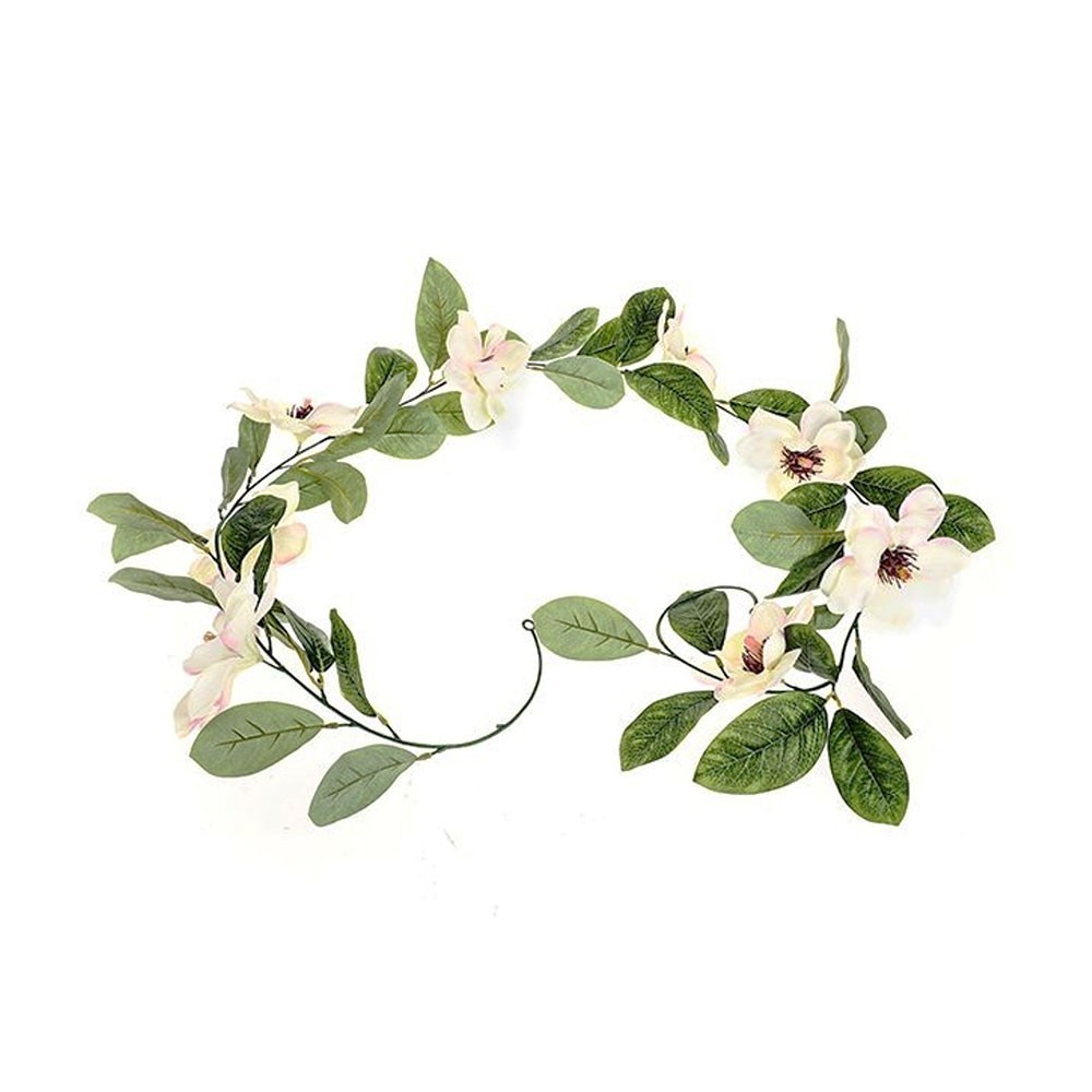 Faux Silk Cream Magnolia Flower and Green Leaf Garland 180cm Long