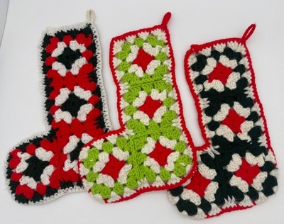 Vintage Handmade Granny Square Pattern Crochet Christmas Stocking Set of 3