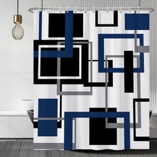 Navy Blue Black Grey Geometric Abstract Fabric Shower Curtain Set 72x72 Inch