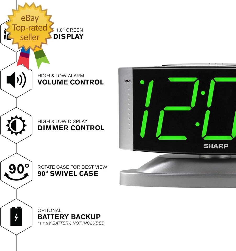 Домашний светодиодный цифровой будильник Sharp — поворотное основание — с питанием от розетки, простое управление - Изображение 3 из 4