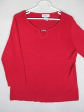Style & Co. Collection Women L V-neck Knit Top Red Gemstone Accent Long Sleeve