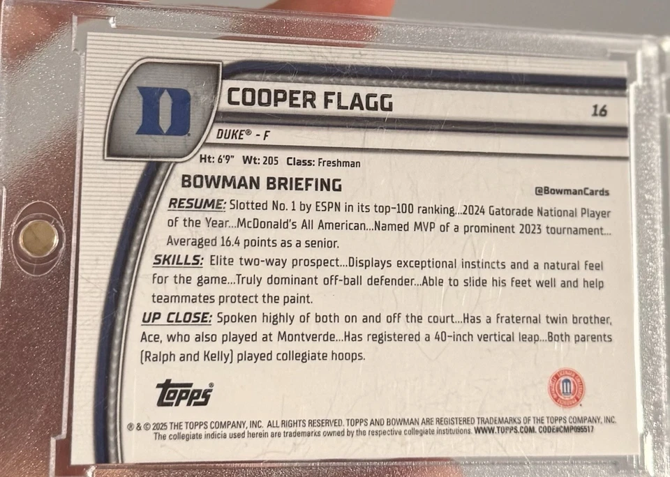 2024-25 Bowman Chrome U Cooper Flagg 1ST Bowman 紫色熔岩波公爵小牛队 — 第 2/2 张图片