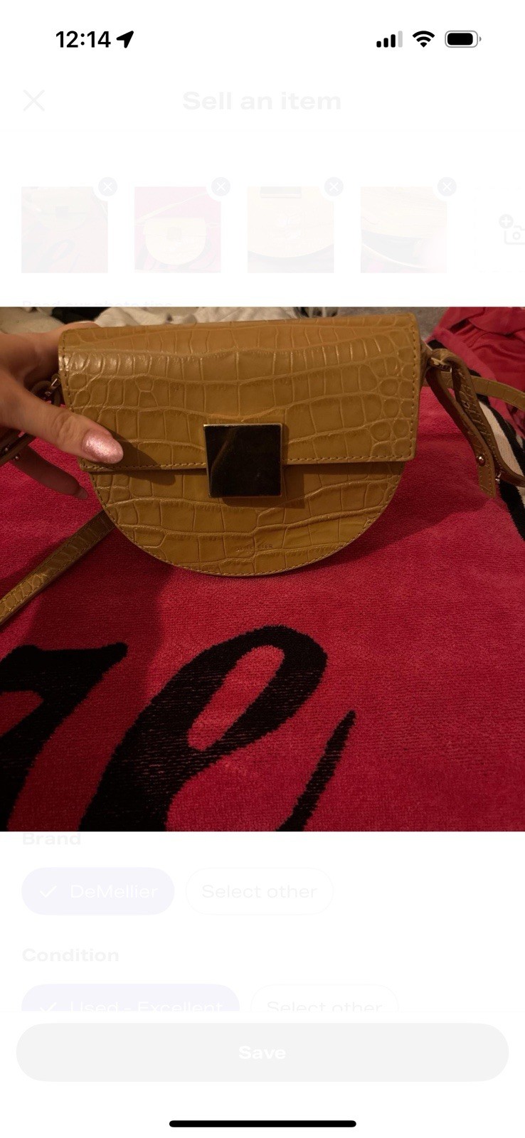 Demellier Faux crocodile tan crossbody with gold hardware