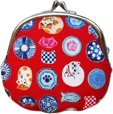 Japanese Gamaguchi Coin Purse Red Cat Pattern Fabric Kiss Lock Pouch Cute New