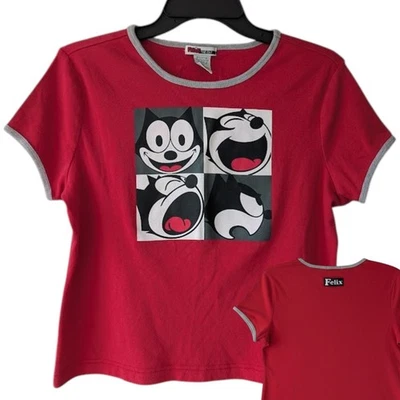 Vtg 2004 Felix The Cat Tshirt XL Y2K Babydoll Ringer Tee Boxy Shrunken Red Panel - Image 1 of 4